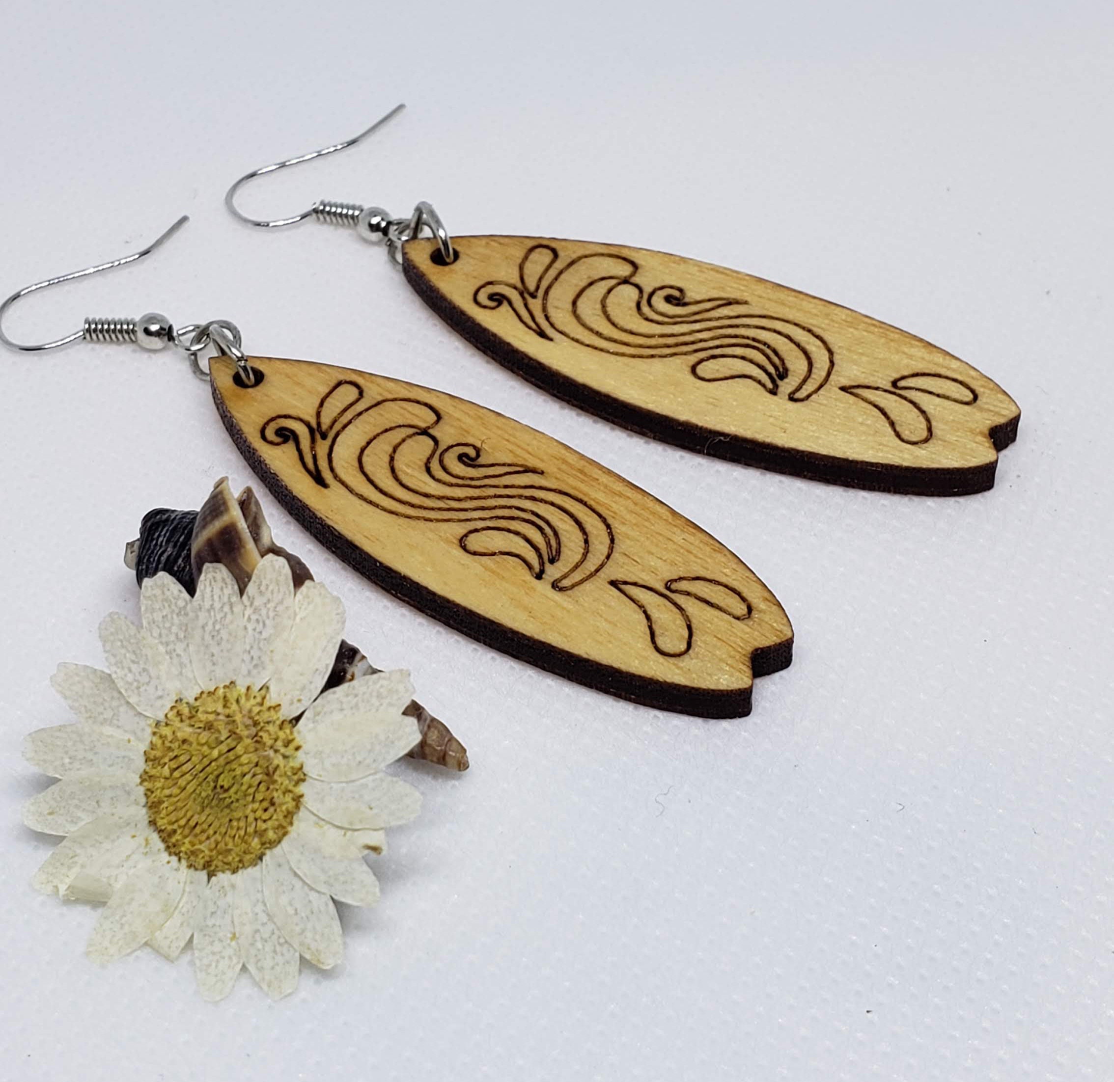 Surfboard Earrings Laser Cut Wood Earrings Wave Engraved Etsy