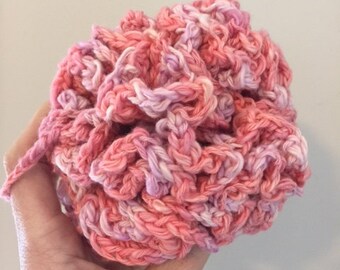 Pink Cotton Shower Puff, All Natural, 100% Cotton, Handmade Washcloth, Crochet Pouf Sponge