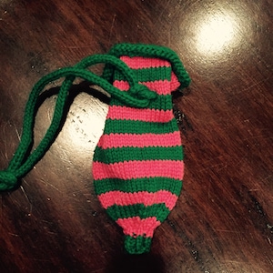 Dog poop bag dispenser hand knit - striped pink & green