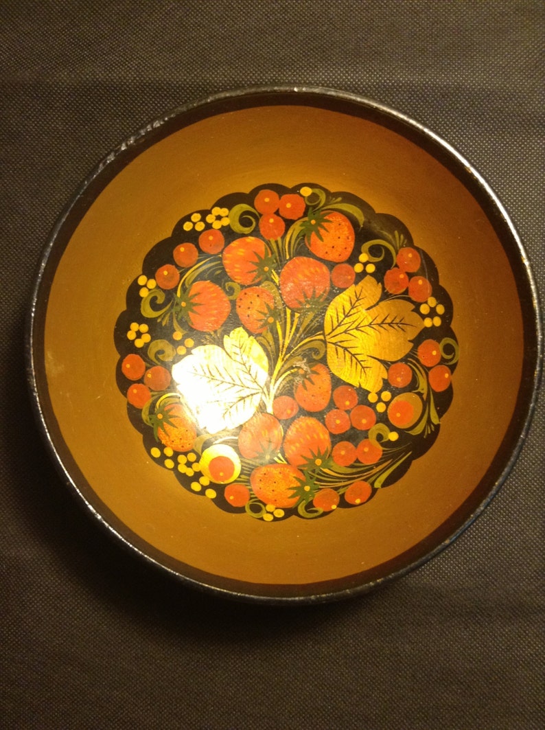 Bowl Dish Plate Russian Antique Hand Painted Natural Khokhloma USSR Soviet Rare Original Vintage Special Flowers Berry Unique