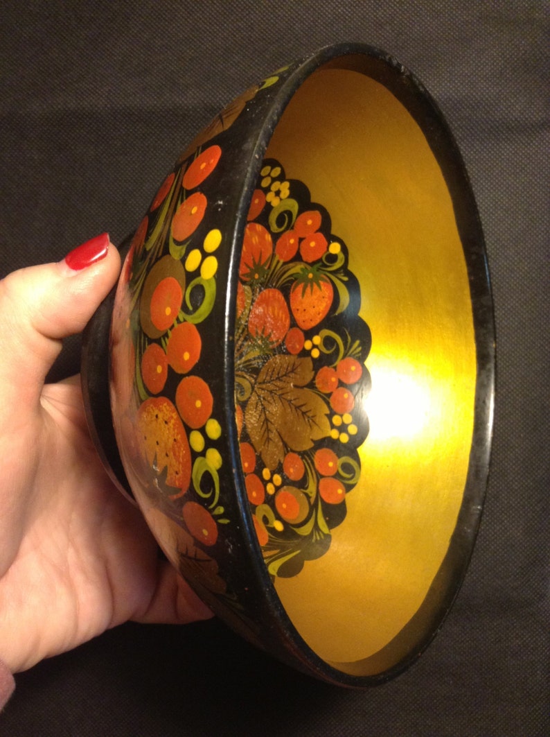 Bowl Dish Plate Russian Antique Hand Painted Natural Khokhloma USSR Soviet Rare Original Vintage Special Flowers Berry Unique