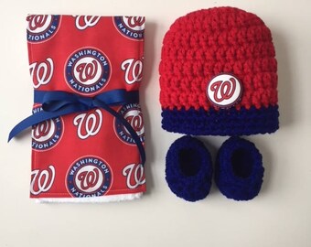 Washington Nationals baby hat, booties and burp cloth, Nationals baby shower gift, Nationals burp rag, Washington Nationals, baseball gift