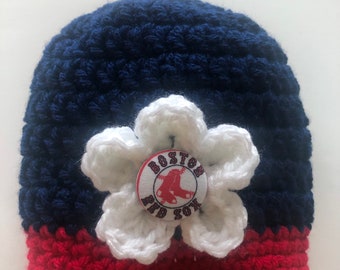 Boston Red Sox baby girl hat, crocheted hat with removable flower, Red Sox baby shower gift
