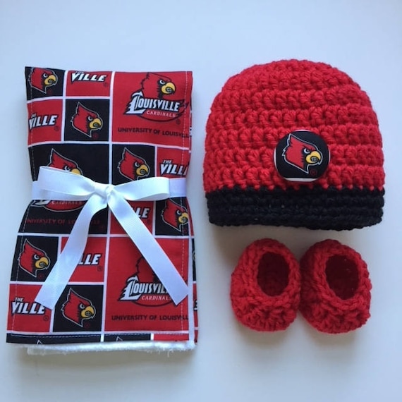 University of Louisville hat, booties and burp cloth for baby, Louisville  Cardinals baby shower gift, Louisville crocheted hat and booties