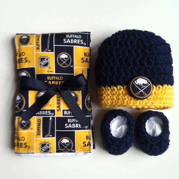 Buffalo Sabres hat, booties and burp cloth for baby, Sabres baby shower gift, crocheted baby hat and booties for Sabres baby