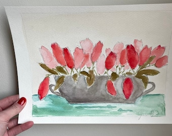 Tulips in a bucket, floral arrangement, floral art print, printable wall art, 8x10 digital file, gallery wall art, tulips, spring print, art
