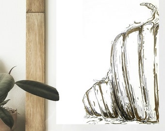 Gold leaf pumpkins, Pumpkin sketch, fall pumpkin printable, printable fall art, fall wall art, ink drawing, modern line drawing, fall decor