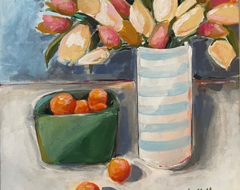 Everyday centerpiece at the dinner table // original still life canvas painting // floral centerpiece // tulips // kitchen wall art