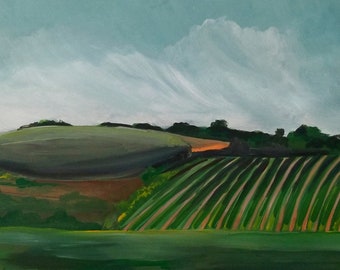 Farmhouse wall art, farm painting, country wall art, landscape painting, rolling hills, crops, corn, trees, farmland, rustic, wall decor