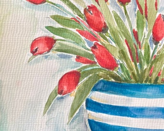 red tulips, summer art, floral art, vase, watercolor flowers, digital print, 8x10 printable, wall decor, gallery wall art, watercolor print