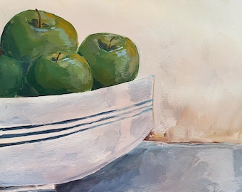 green apples in a family bowl // art print of an original painting // 8x10 kitchen art printable // food and drink art // heirloom bowl art