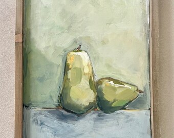 Original acrylic pear still life painting on wood panel, framed // original fruit still life painting // modern fruit painting // still life