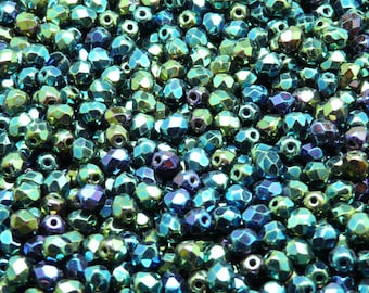 Round 6mm,Jet Blue Iris Czech Faceted Glass Beads 50pcs Fire-Polished Beads Opaque Blue Rainbow