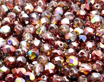 50pcs Czech Fire Polished Faceted Glass Beads Round 6mm Magic Red-Brown (6FP018)