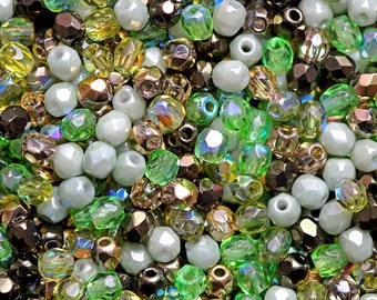 25 g (0,88 oz) Mix of Faceted Fire Polished Beads 3 mm, 5 Сolors Forest Haze, Czech Glass (3MFP507-625p)