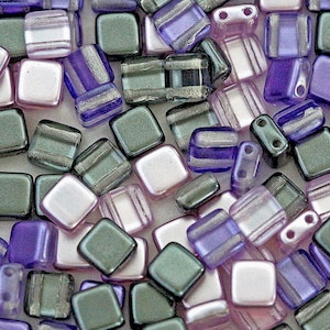 150 pcs Tile Beads 6x6 mm, 2 Holes, Mix Violet Lilac Gray, Czech Glass (TLMIX007-150p)