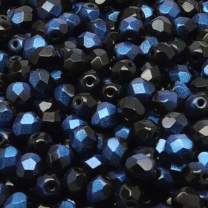 50pcs Czech Fire Polished Faceted Glass Beads Round 6mm, Jet Rutil Blue (6FP076)