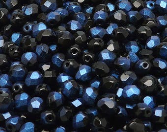 50pcs Czech Fire Polished Faceted Glass Beads Round 6mm, Jet Rutil Blue (6FP076)