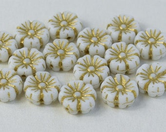 100 pcs Hibiscus Flower Beads 9 mm, Chalk White with Golden Decor (03000/54202), Czech Glass (9AFL001-100p)