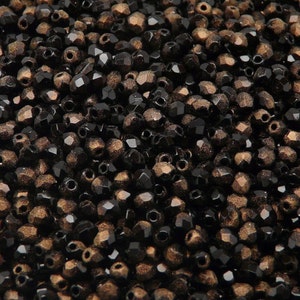 100pcs Czech Fire Polished Faceted Glass Beads Round 3mm Jet Rutil Bronze (3FP057-K)
