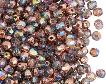 100 cuentas de vidrio facetado checo pulido al fuego, redondas, de 4 mm, color cobre arcoíris (4FP102)