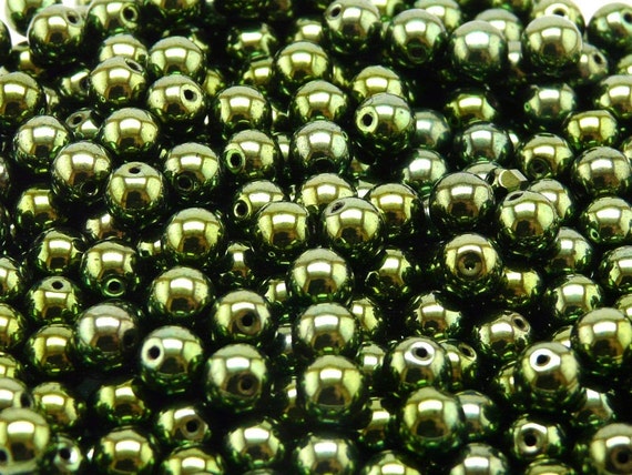 50pcs Czech Glass Pressed Beads Druk Round 6mm Jet Green Lustre