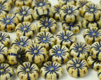 100 pcs Hibiscus Flower Beads 7 mm, Chalk White Green Navy Blue (03000/96836), Czech Glass (7AFL023-100p)