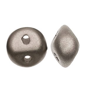 May include: Two grey glass beads, one round with two holes and one faceted with one hole.