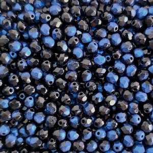 100pcs Czech Fire Polished Faceted Glass Beads Round 4mm Jet Rutil Blue (4FP100)
