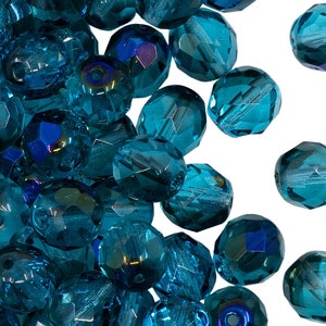 25pcs Czech Fire Polished Faceted Glass Beads Round 8mm Aquamarine Azuro (8FP048)