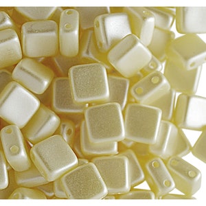 40pcs Czech Glass Beads Tile 2-Hole, Flat Square 6x6x2.9mm, Pastel Cream (TL5039)