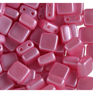 40pcs Czech Glass Beads Tile 2-Hole, Flat Square 6x6x2.9mm, Pastel Pink (TL5008)