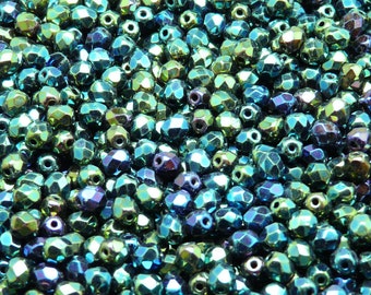 100pcs Czech Fire Polished Faceted Glass Beads Round 4mm Jet Green Iris (4FP066-K)