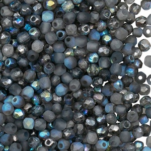 100pcs Fire-Polished Faceted Beads Round 3mm, Czech Glass, Crystal Etched Graphite Rainbow (3FPE022)