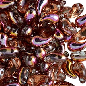 May include: A pile of iridescent brown glass beads in a teardrop shape. The beads have a metallic sheen and are perfect for jewelry making.