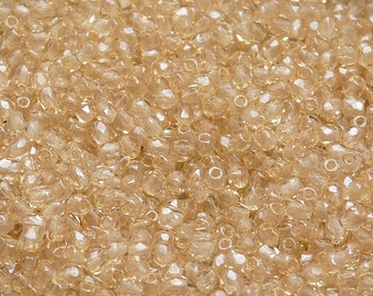 100 perles de verre à facettes, polies au feu, tchèques rondes 3 mm, lustre topaze clair (3FP029)