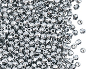 100pcs Czech Fire Polished Faceted Glass Beads Round 3mm Silver Metallic (3FP033)