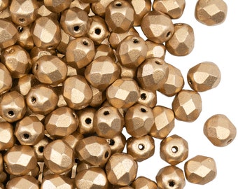 50pcs Czech Fire Polished Faceted Glass Beads Round 6mm, Pale Gold Matte (Aztec Gold) (6FP077)