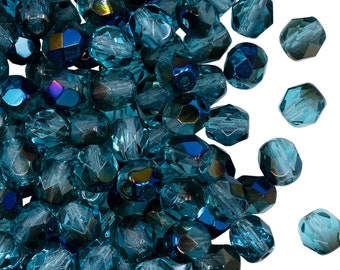 50pcs Czech Fire-Polished Faceted Glass Beads Round 6mm Aquamarine Azuro (6FP028-K)