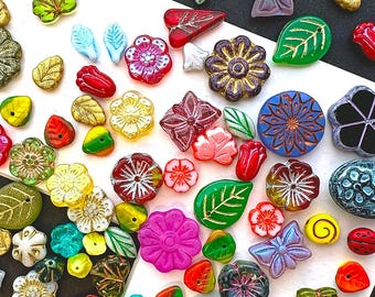 65g Czech Glass Beads Mix Flowers and Leaves for Floral Jewelry Earrings Bracelets  (MIXS191-65g)