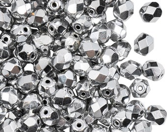 50pcs Czech Fire Polished Faceted Glass Beads Round 6mm Silver Metallic (6FP033)