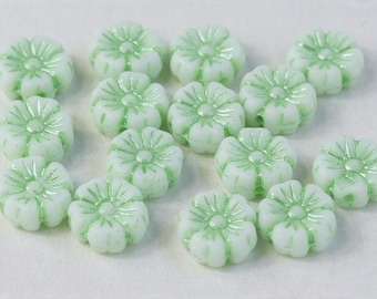 100 pcs Hibiscus Flower Beads 7 mm, Chalk White with Green Decor (03000/54322), Czech Glass (7AFL006-100p)