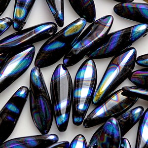 25 pcs Dagger Beads 5x16 mm, Jet AB Stripes, Czech Glass MKJ241-25p image 1