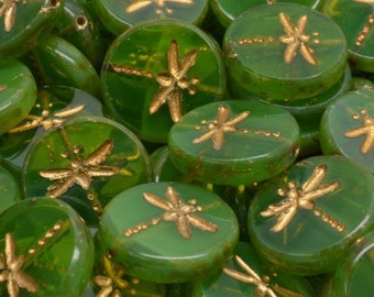 10 pcs Dragonfly Coin Beads 17 mm, Green Opal Travertine with Gold Decor (51010/86800/54302), Czech Glass (TCBd024-10p)