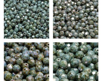 Set of Czech Fire-Polished Glass Beads Round 3mm, 4mm, 6mm, 8mm - Chalk Blue Gray Glaze (1CFP020)