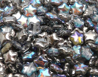 50pcs Star Beads, 8mm, Czech Pressed Glass, Crystal Graphite Rainbow (8TAR005)