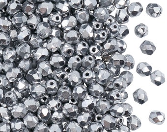 100pcs Czech Fire Polished Faceted Glass Beads Round 4mm Silver Metallic (4FP033)