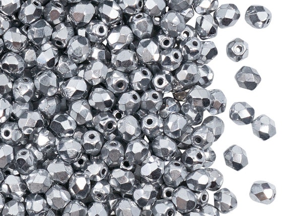 Silver Metallic 100pcs Rounds 5mm Czech Fire Polished Glass Beads Faceted 5FP006
