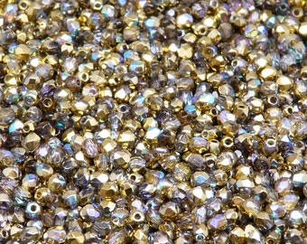 100pcs Czech Fire Polished Faceted Glass Beads Round 3mm Crystal Golden Rainbow (3FP011)