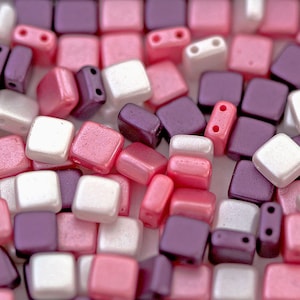 150 pcs Tile Beads 6x6 mm, 2 Holes, Mix White Bordeaux Pink, Czech Glass (TLMIX002-150p)